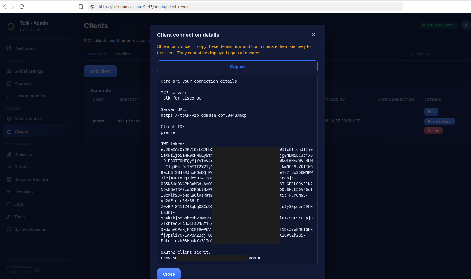 Client connection details