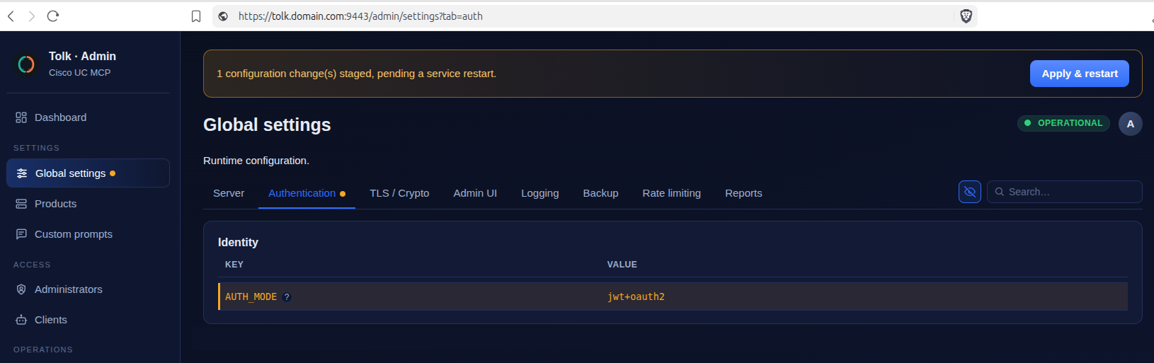 Global settings — Authentication tab, AUTH_MODE