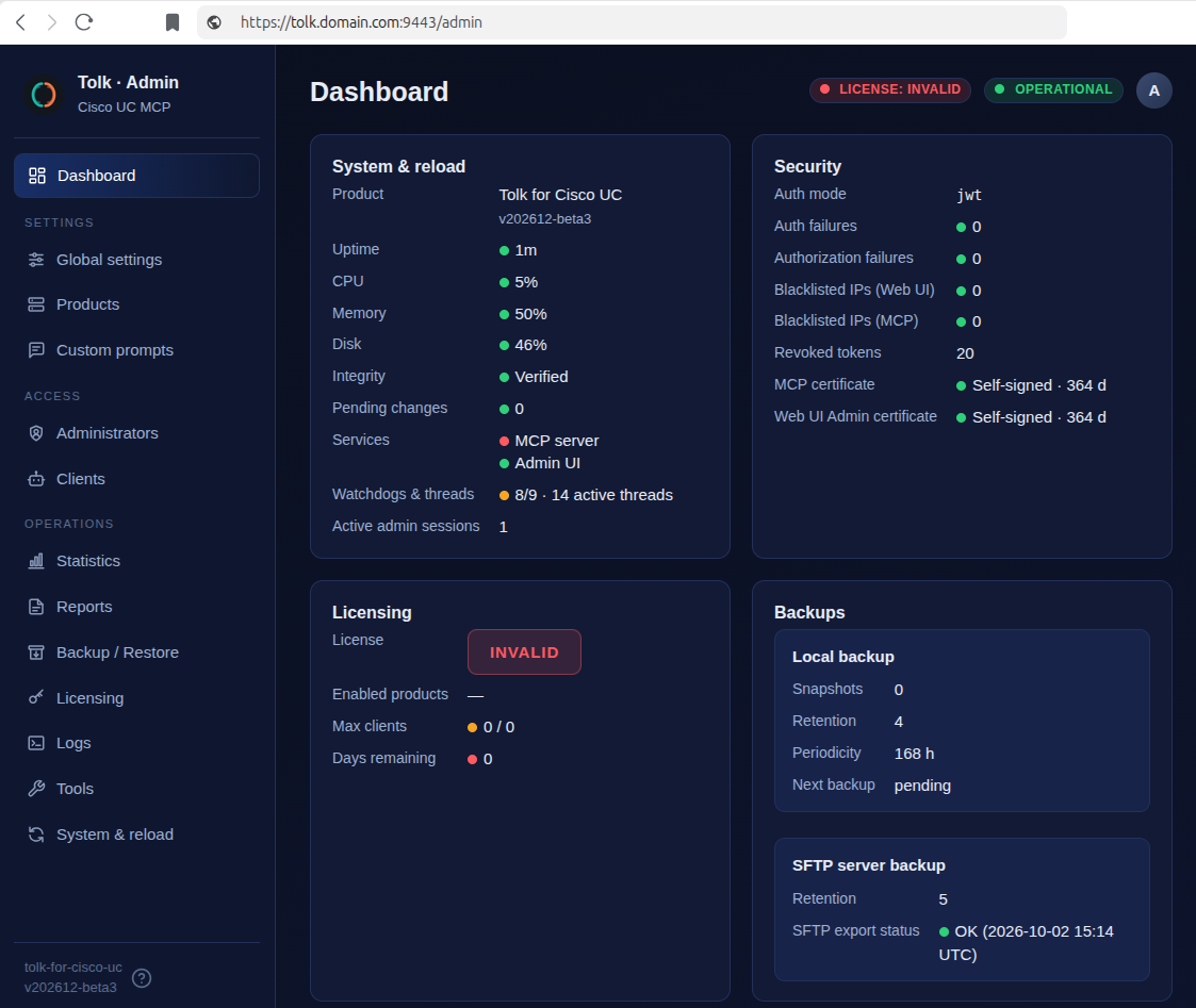 Admin Web UI — dashboard in recovery mode