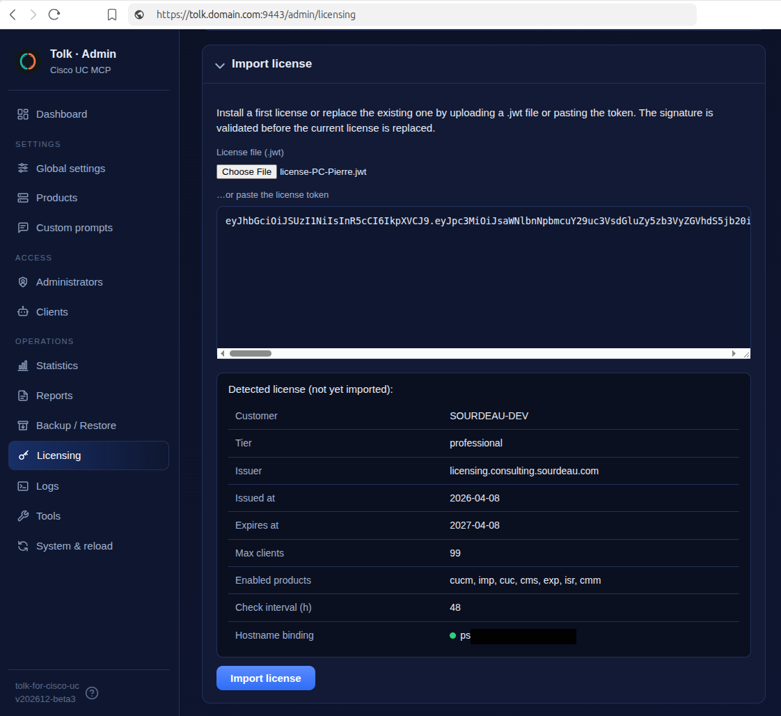 Licensing page — license import