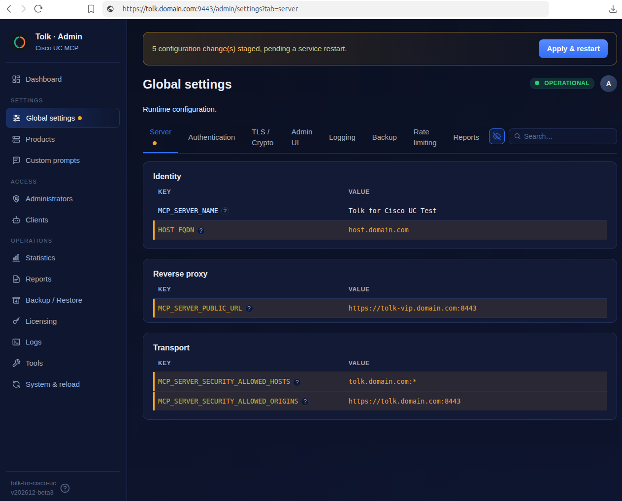 Global settings — Server tab, reverse proxy and transport security