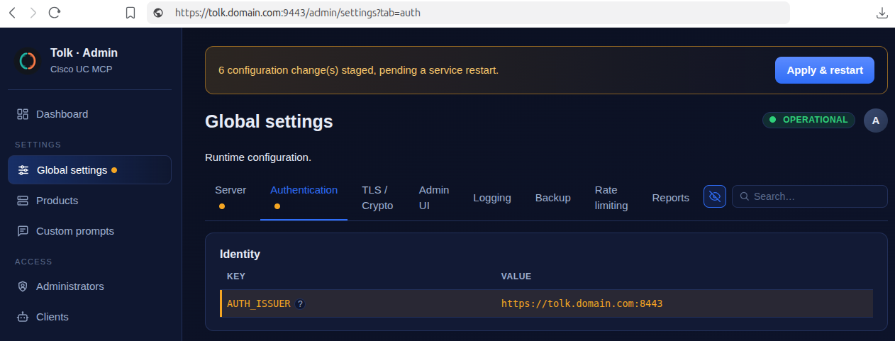 Global settings — Authentication tab, AUTH_ISSUER