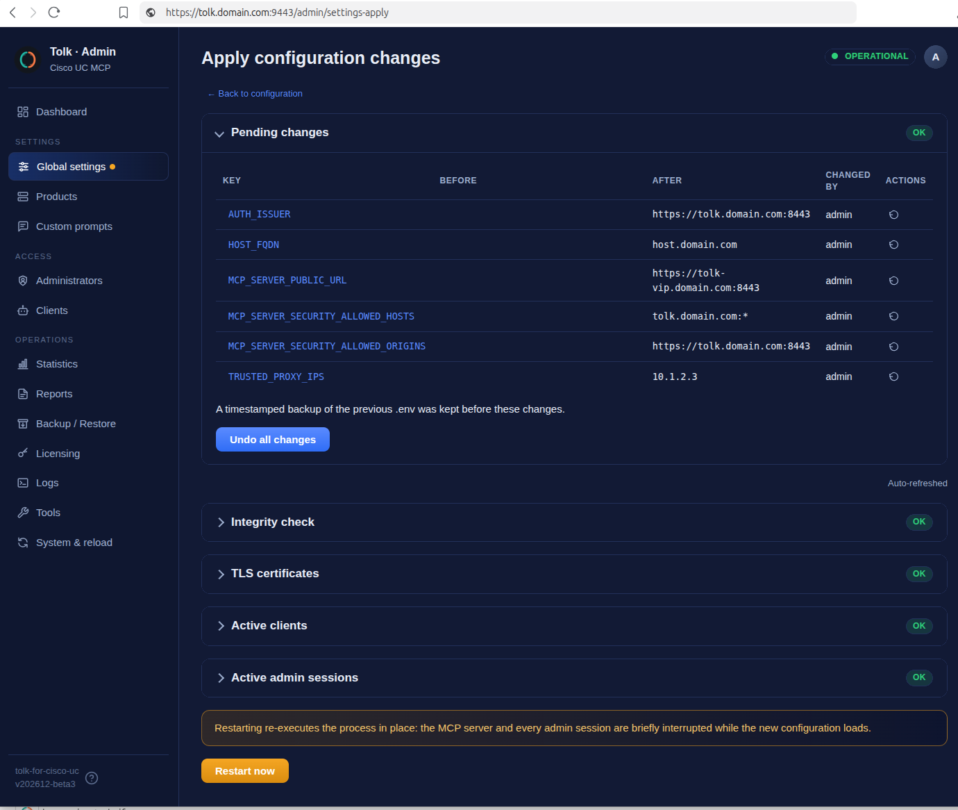 Apply configuration changes — pending changes and pre-restart checks