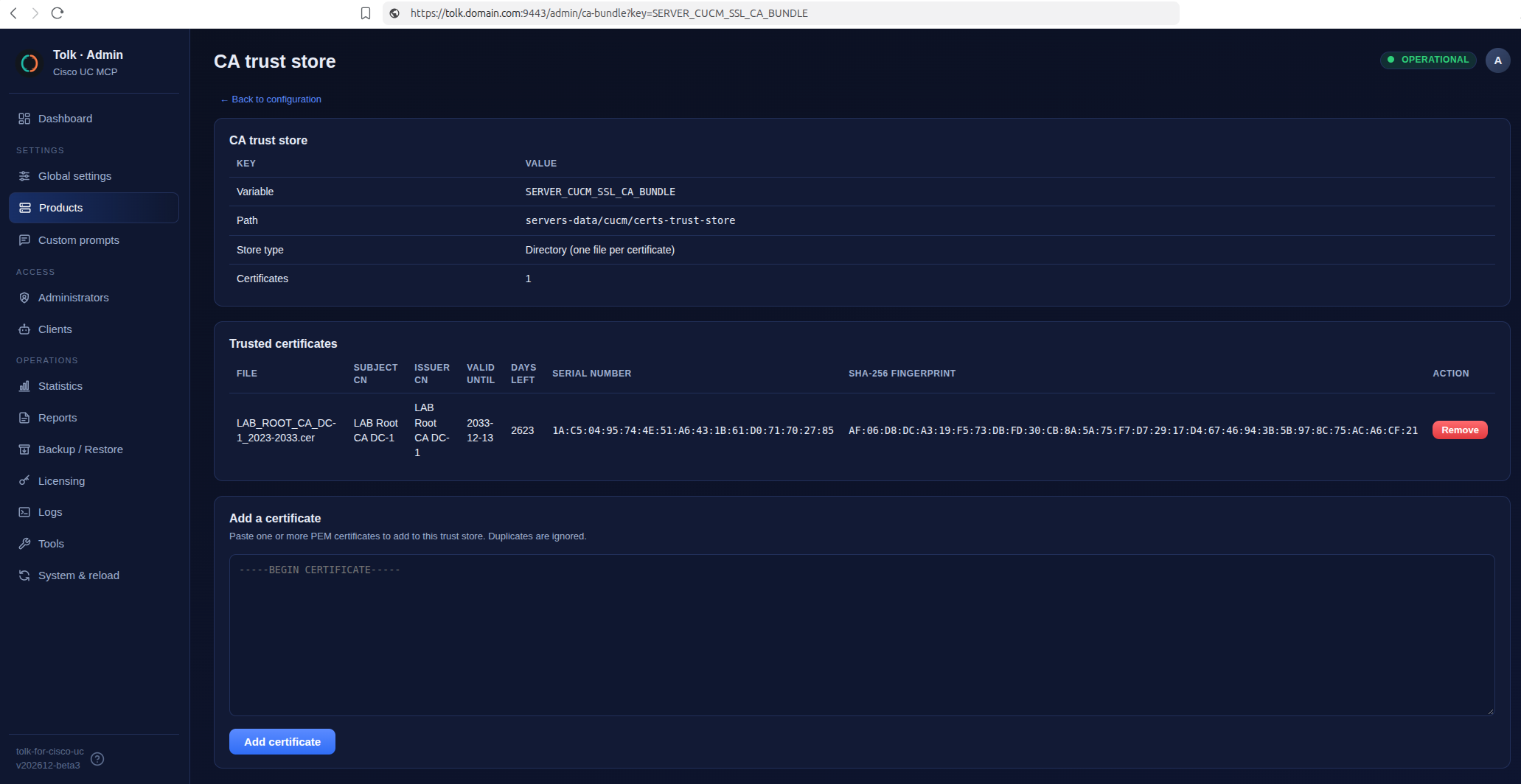 Products page — CA trust store