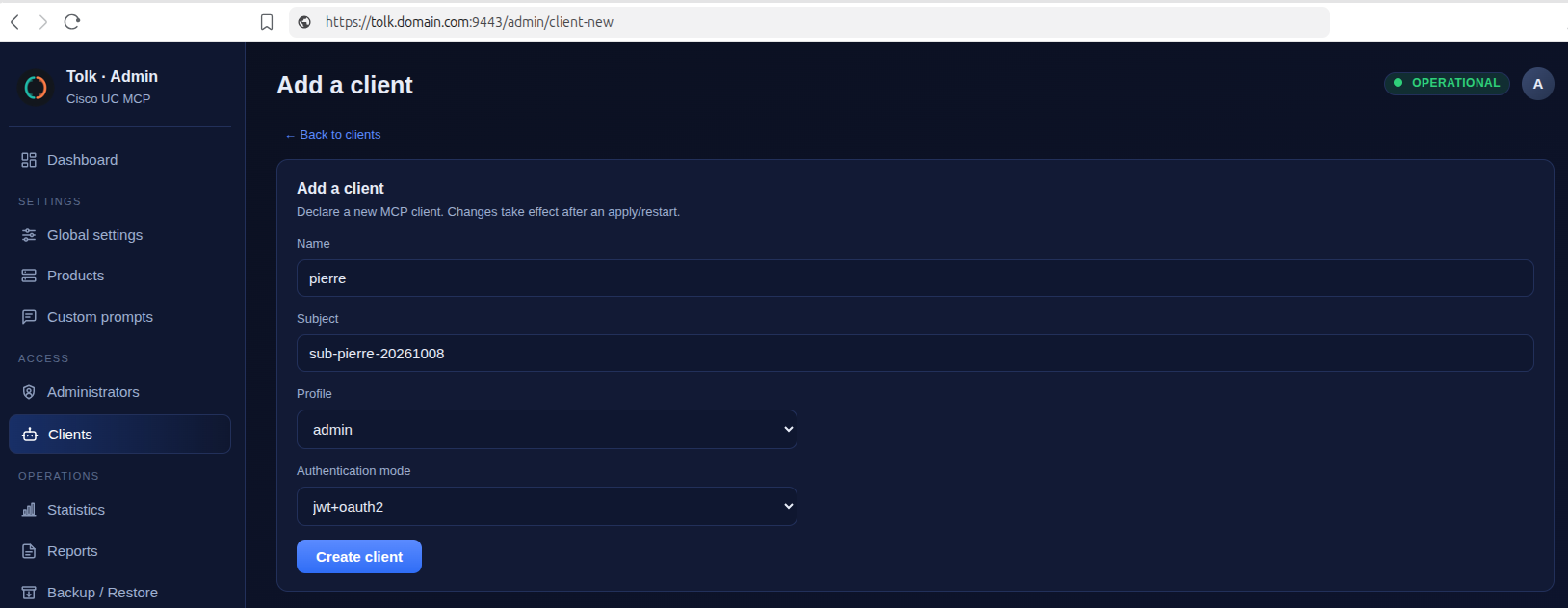 Clients page — add a client